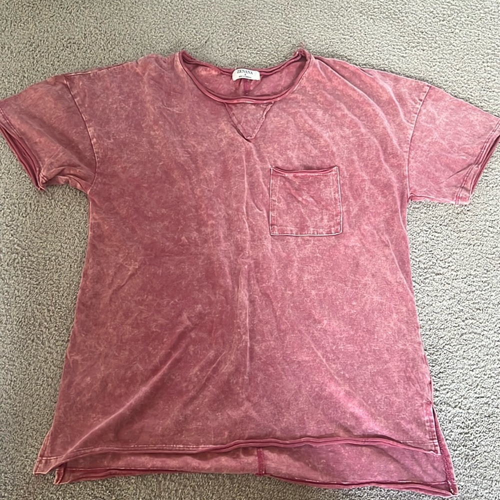 Zenana acid wash distressed neck pink top